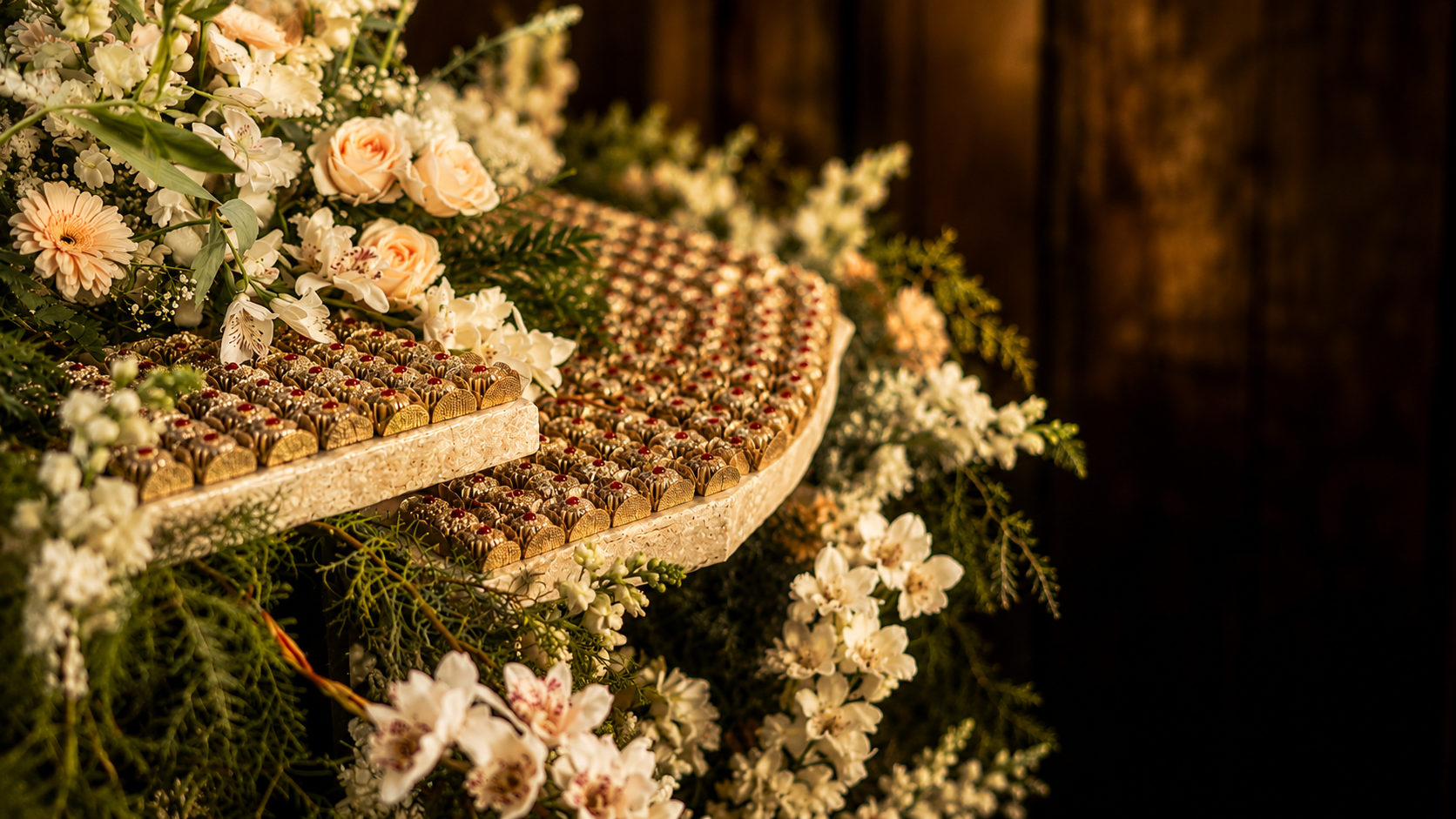 Mesa de doces de casamento ornada com flores e bombons dourados da Lebbeke