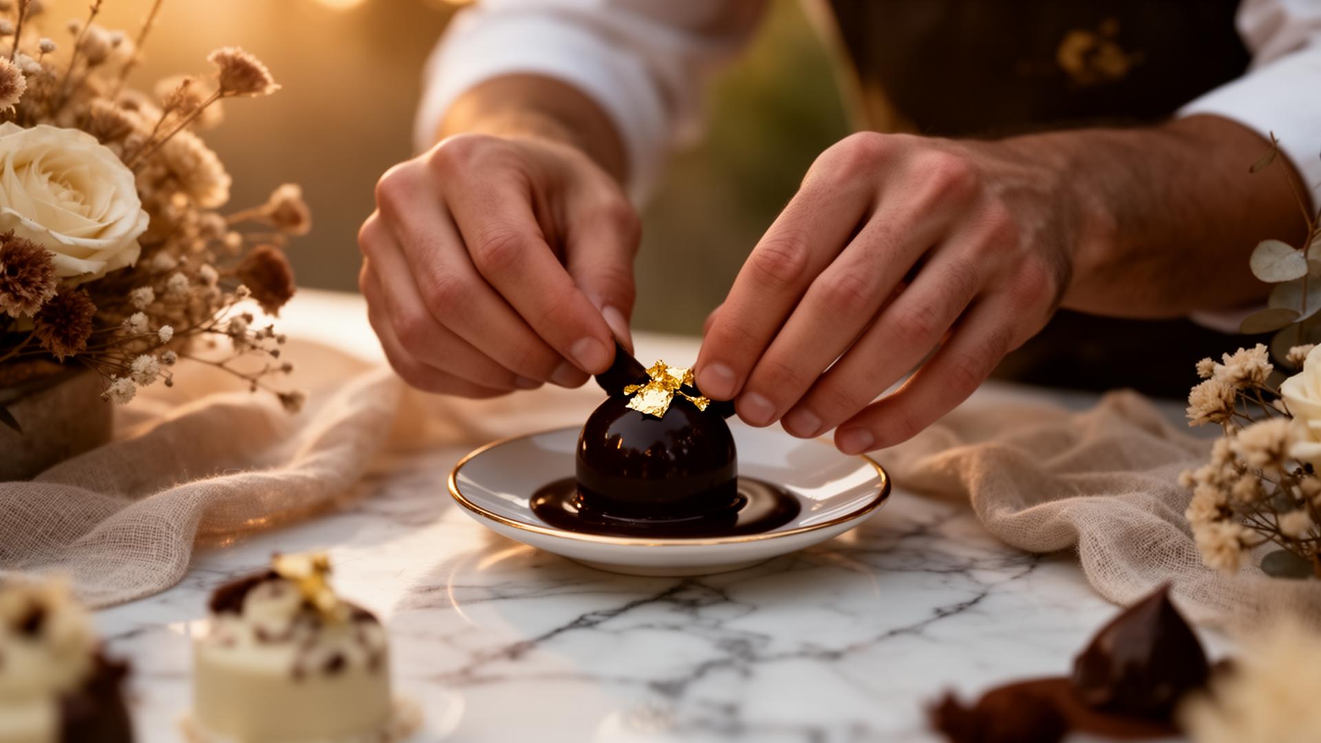 Chocolatier finalizando um bombom artesanal à mão com folha de ouro